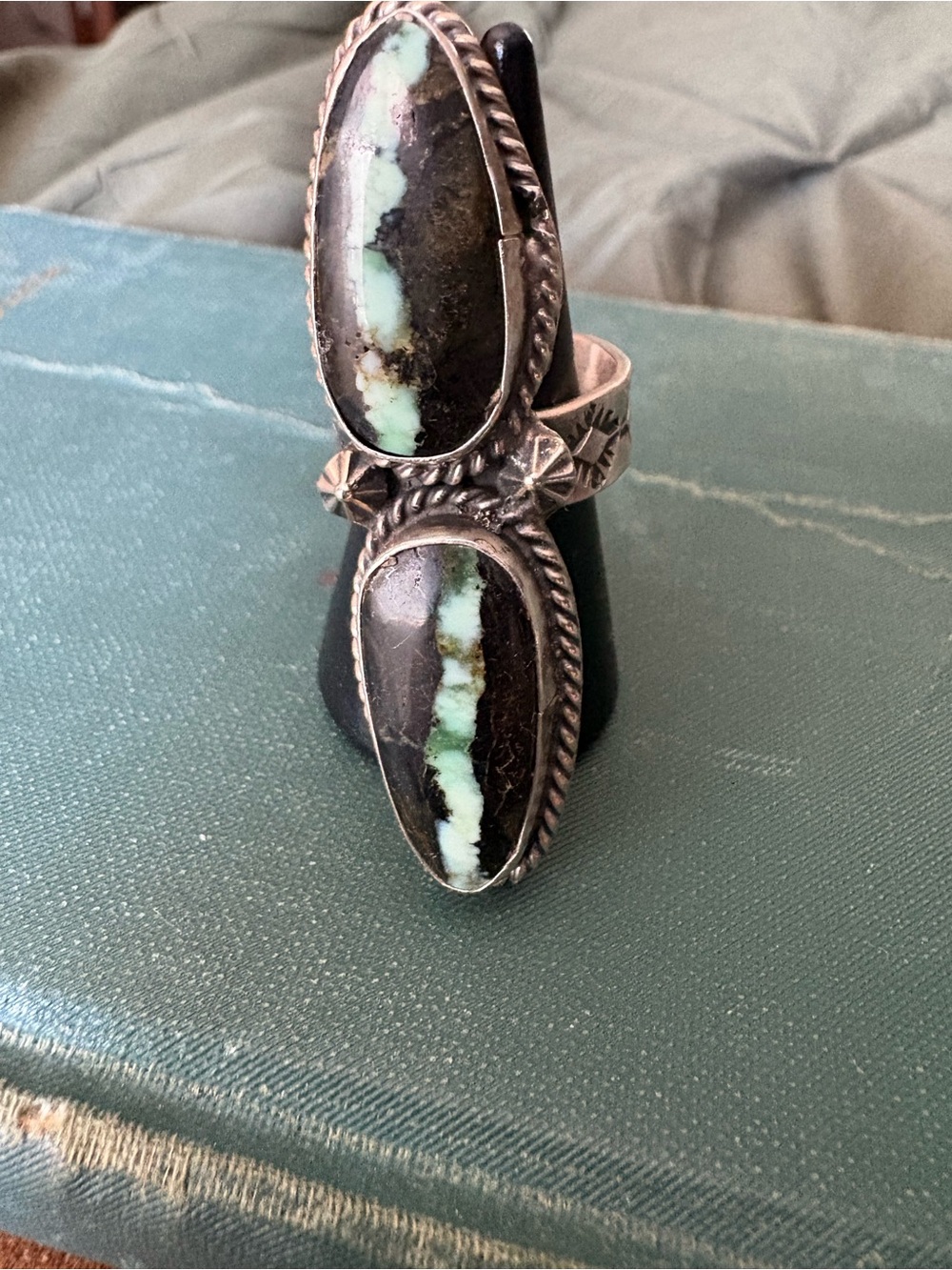 Double Black Jack Turquoise Sterling Ring - Black and Green